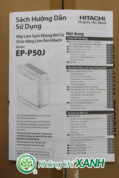 Sách hướng dẫn sử dụng tiếng Việt của máy lọc không khí Hitachi EP-P50J